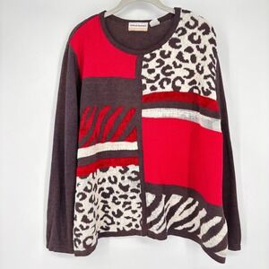 Alfred Dunner Patchwork‎ Sweater Sz 2X Animal Print Red Brown Long Sleeve Knit